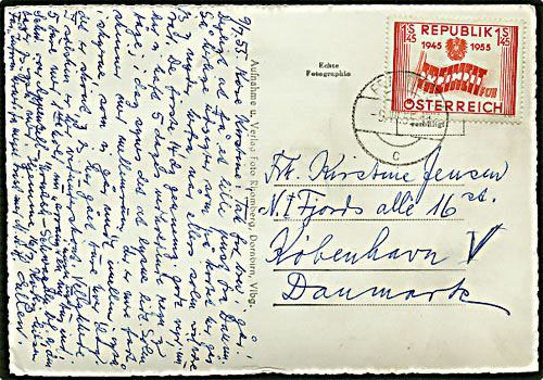1,45 shilling rød postkort Østrig d. 9.7.1955 til København.