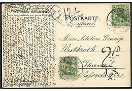 5 pfg. Germania (2) på brevkort fra Merseburg d. 11.8.1905 Thame, England. Underfrankeret med T-stempel og britisk 2½d I.S.A..