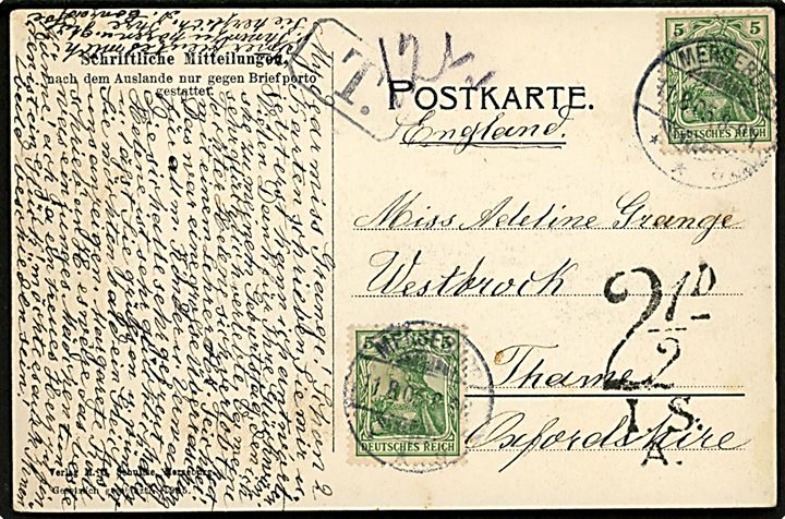 5 pfg. Germania (2) på brevkort fra Merseburg d. 11.8.1905 Thame, England. Underfrankeret med T-stempel og britisk 2½d I.S.A..