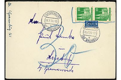 10 pfg. Kölner Dom (par) mærket ugyldig og 2 pfg. Berlin Notopfer på brev fra Gnarrenburg d. 6.7.1954. Udtakseret i 30 pfg. porto.