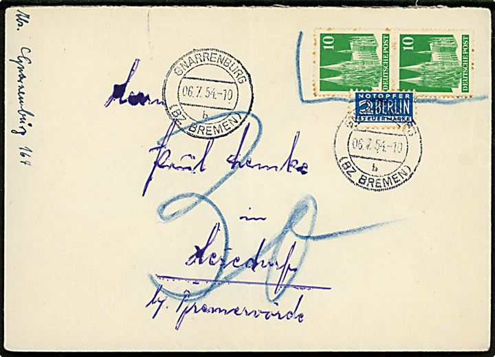 10 pfg. Kölner Dom (par) mærket ugyldig og 2 pfg. Berlin Notopfer på brev fra Gnarrenburg d. 6.7.1954. Udtakseret i 30 pfg. porto.