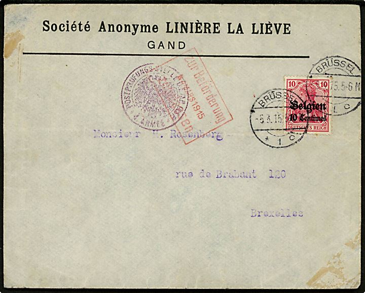 Tysk post i Belgien. 10 centimes/10 pfg. Belgien provisorium single på lokalbrev i Brüssel d. 5.3.1915. To forskellige lokale censurstempler.