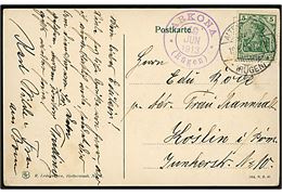 5 pfg. Germania på brevkort (Insel Rügen. Arkona. Adlerhorst med dampskib) annulleret Altenkirchen *(Rügen)* d. 19.6.1913 og sidestemplet med violet turiststempel ARKONA * (Rügen) * d. 19.6.1913 til Köslin.
