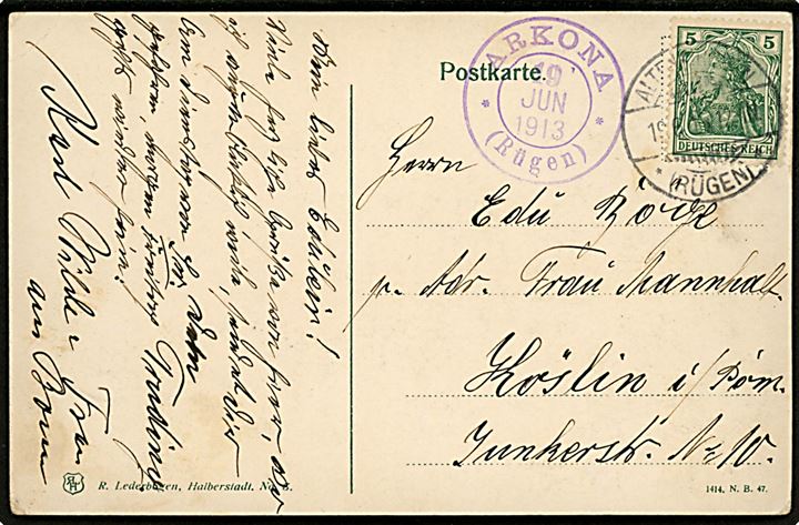 5 pfg. Germania på brevkort (Insel Rügen. Arkona. Adlerhorst med dampskib) annulleret Altenkirchen *(Rügen)* d. 19.6.1913 og sidestemplet med violet turiststempel ARKONA * (Rügen) * d. 19.6.1913 til Köslin.