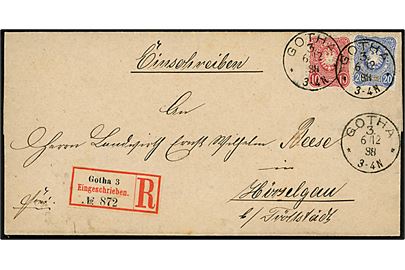 10 pfg. og 20 pfg. Adler på anbefalet brev fra Gotha d. 6.12.1888 til Hörselgau b. Fröttstädt.