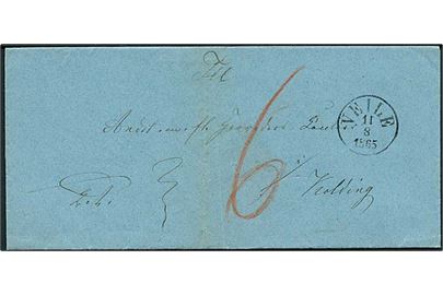 1865. Ufrankeret tjenstebrev med antiqua stempel Veile d. 11.8.1865 til Kolding. Påskrevet 6 skilling porto.