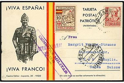 30 cts. Isabel og 10 cts. Pro Patria Velgørenhedsmærke på illustreret brevkort Viva Espana / Viva Franco annulleret Vigo-Cambio d. 21.6.1937 til Bern, Schweiz. Lokal spansk censur fra Vigo.