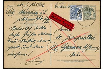 12 pfg. helsagsbrevkort opfrankeret med 80 pfg. Arbejder sendt som ekspres fra München d. 19.4.1948 til Grainau. 