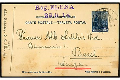 5 c. helsagsbrevkort fra Buenos Aires x.8.1914 til Basel, Schweiz. Primitivt dirigerings stempel med skibsnavn Reg. ELENA 29.8.14. 