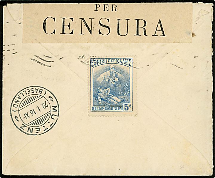 25 l. på brev fra Grækenland 1916 via Milano til Muttenz, Schweiz. På bagsiden 5 l. velgørenhedsmærke. Åbnet af italiensk censur.