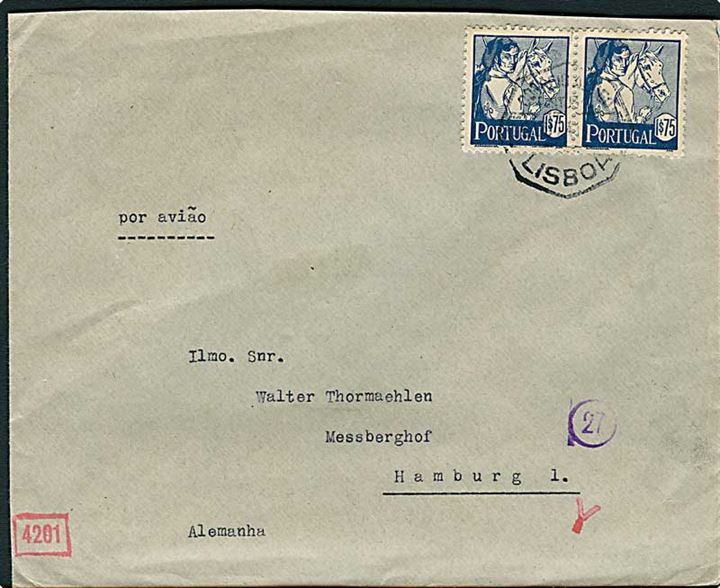 1$75 i parstykke på brev fra Lissabon d. 26.8.1941 til Hamburg, Tyskland. Åbnet af tysk censur.