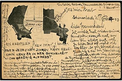 2 cents helsagsbrevkort fra Schenectady N.Y. d. 14.2.1903 til Zürich, Schweiz. På bagsiden lang meddelelse og illustreret med både udklip og tegning.