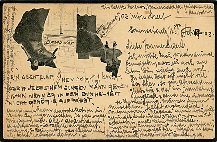 2 cents helsagsbrevkort fra Schenectady N.Y. d. 14.2.1903 til Zürich, Schweiz. På bagsiden lang meddelelse og illustreret med både udklip og tegning.