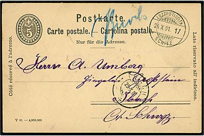 5 c. helsagsbrevkort med skibsstempel Luzern - Flüelen Schiff d. 24.10.1901 og svært læselig håndskrevet bynavn til Ibach.