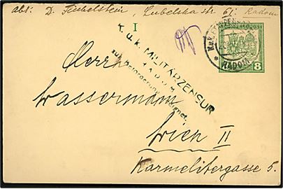 8 h. K.u.K. Feldpost helsagsbrevkort annulleret K.u.K. Etappenpostamt Radom d. 20.4.1918 til Wien, Østrig. Lokal censurstemepel fra Radom.