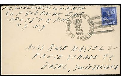 30 c. Roosevelt på brev annulleret U. S. Army Postal Service APO 757 (= Frankfurt, Tyskland) d. 28.9.1946 til Basel, Schweiz. Sendt fra menig ved Company F i 508th Parachute Infantry Regiment.