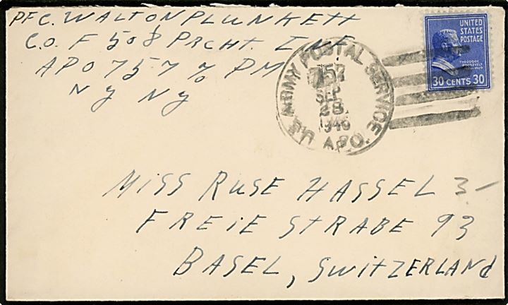 30 c. Roosevelt på brev annulleret U. S. Army Postal Service APO 757 (= Frankfurt, Tyskland) d. 28.9.1946 til Basel, Schweiz. Sendt fra menig ved Company F i 508th Parachute Infantry Regiment.