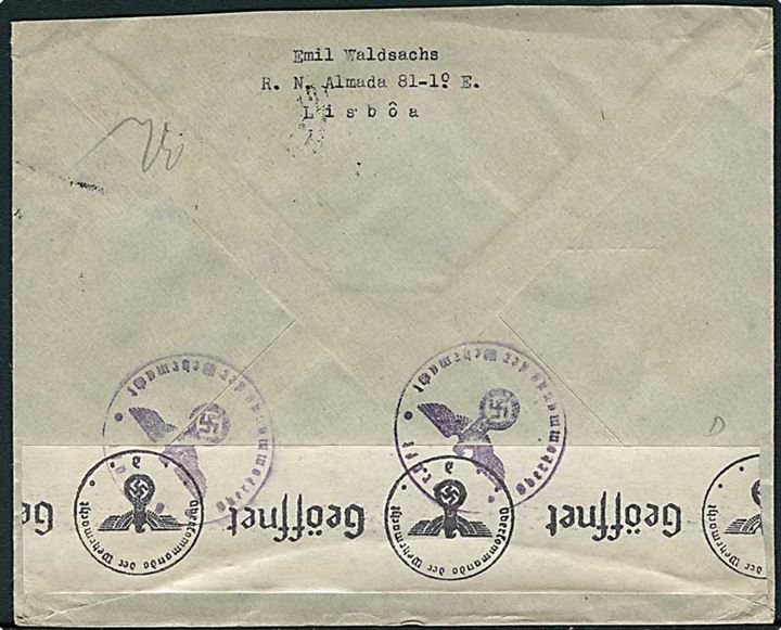 1$75 i parstykke på brev fra Lissabon d. 26.8.1941 til Hamburg, Tyskland. Åbnet af tysk censur.