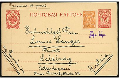 3 kop. helsagsbrevkort opfrankeret med 1 kop. Våben sendt ustemplet som krigsfangebrevkort d. 29.11.1914 til Salzburg, Østrig. Påskrevet via Rumänien og violet russisk censurstempel.
