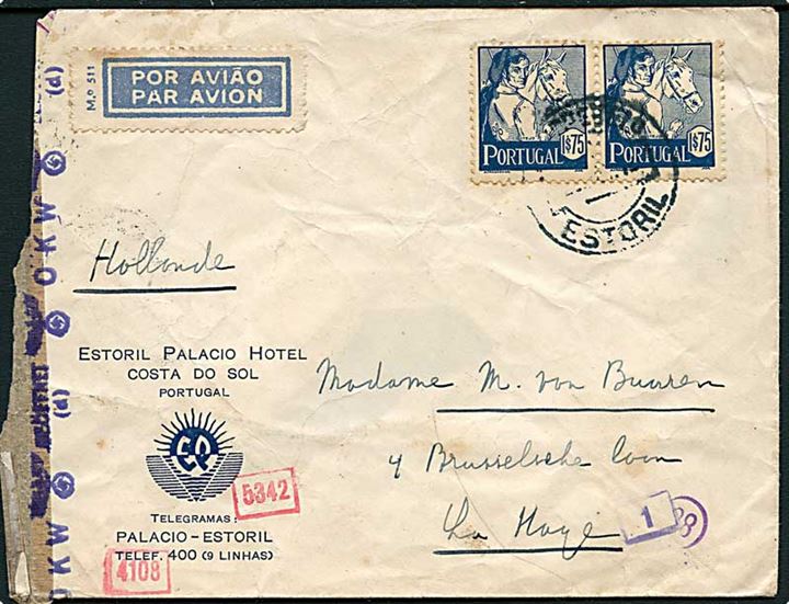 1$75 i parstykke på brev fra Estoril 1942 til Haag, Holland. Åbnet af tysk censur.