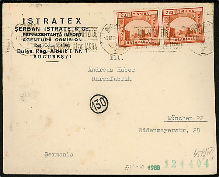 2 lei Besarabia i parstykke på brev fra Bucuresti d. 13.12.1941 til München, Tyskland. Både rumænsk og tysk censur.