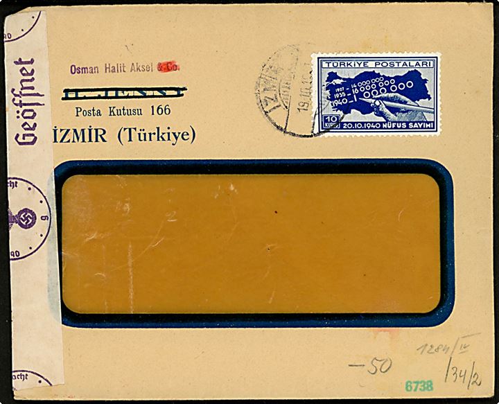 10 k Folketælling single på rudekuvert fra Izmir d. 19.10.1941. Åbnet af tysk censur i Wien.