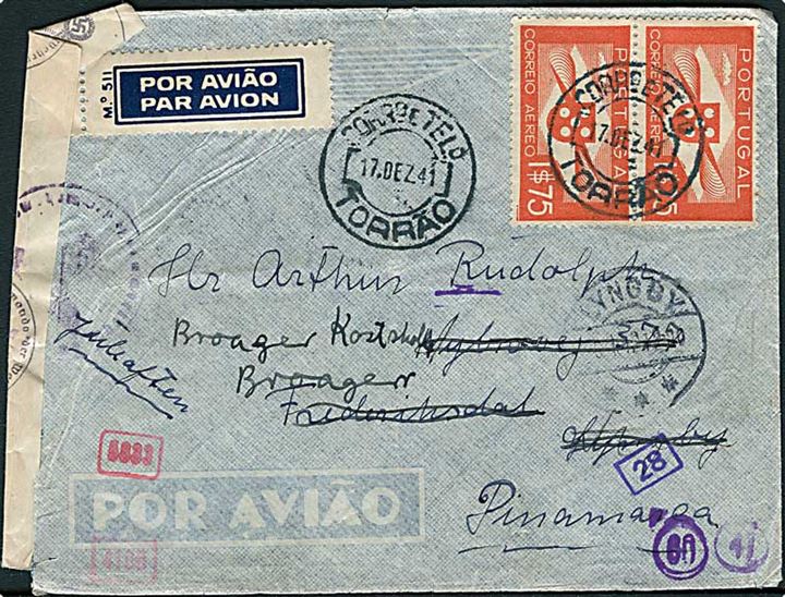 1$75 Luftpost i parstykke på luftpostbrev fra Torrao d. 17.12.1941 via Lissabon til Lyngby, Danmark - eftersendt til Broager. Åbnet af tysk censur. 