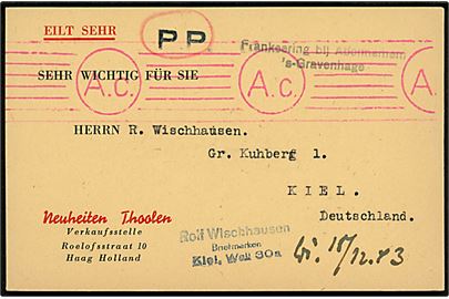 Ufrankeret brevkort mærket P.P. fra 's-Gravenhage d. 26.10.1943 til Kiel, Tyskland. Passér stemplet Ac ved den tyske censur i Köln.