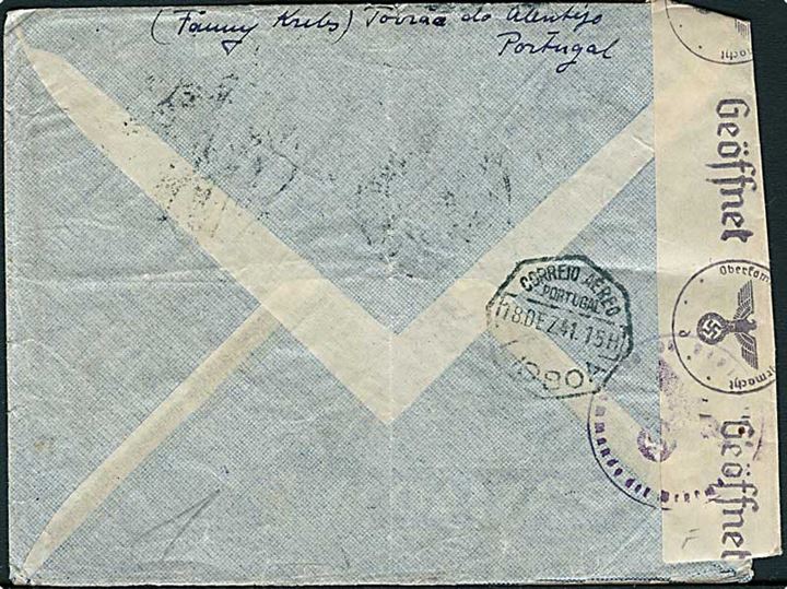 1$75 Luftpost i parstykke på luftpostbrev fra Torrao d. 17.12.1941 via Lissabon til Lyngby, Danmark - eftersendt til Broager. Åbnet af tysk censur. 