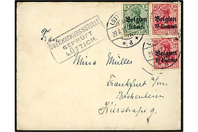 Tysk post i Belgien. 5 cent./5 pfg. og 10 centimes/10 pfg. (2) Belgien provisorium på brev fra Lüttich d. 29.6.1917 til Frankfurt, Tyskland. Lokal tysk censur fra Lüttich.