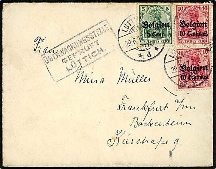 Tysk post i Belgien. 5 cent./5 pfg. og 10 centimes/10 pfg. (2) Belgien provisorium på brev fra Lüttich d. 29.6.1917 til Frankfurt, Tyskland. Lokal tysk censur fra Lüttich.