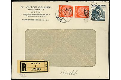 Anschluss. Østrigsk 40 gr. Egnsdragter og tysk 8 pfg. Hindenburg i parstykke på blandingsfrankeret anbefalet rudekuvert fra Wien d. 11.5.1938.