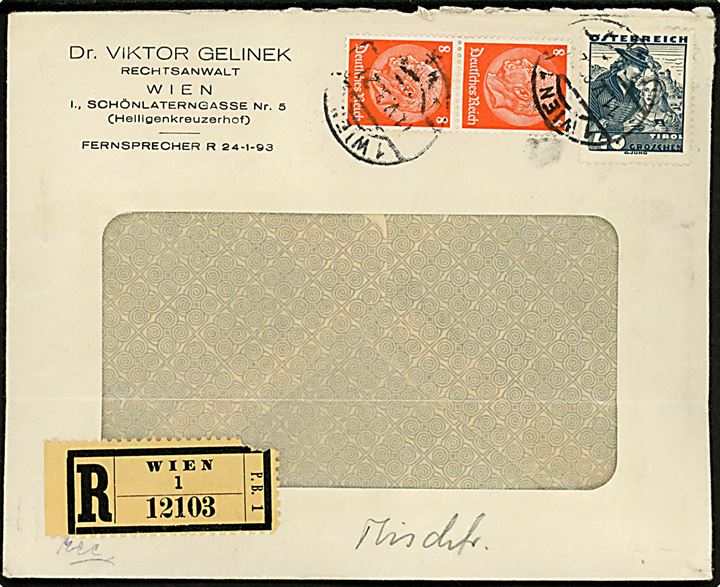 Anschluss. Østrigsk 40 gr. Egnsdragter og tysk 8 pfg. Hindenburg i parstykke på blandingsfrankeret anbefalet rudekuvert fra Wien d. 11.5.1938.