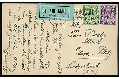 ½d og 3d George V på luftpost brevkort fra London d. 19.7.1928 til Davos-Platz, Schweiz.