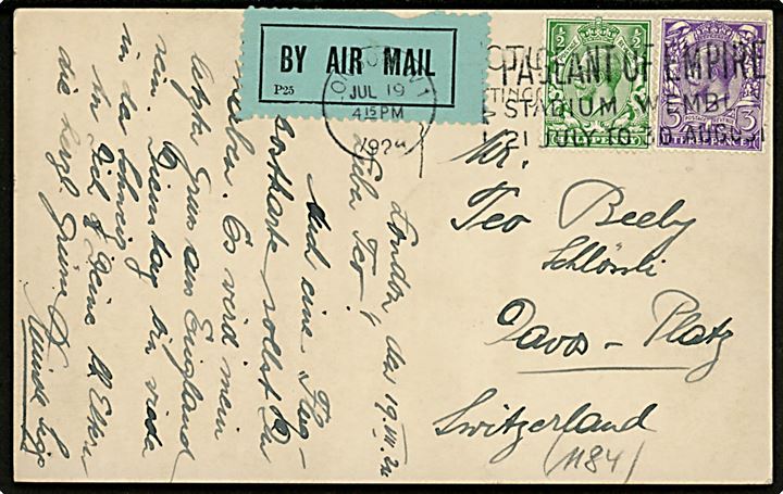 ½d og 3d George V på luftpost brevkort fra London d. 19.7.1928 til Davos-Platz, Schweiz.