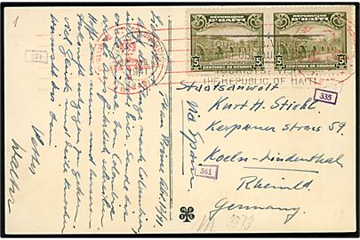5 c. Bygning i parstykke på brevkort fra Port au Prince d. 12.4.1941 til Köln, Tyskland. Tysk censur.