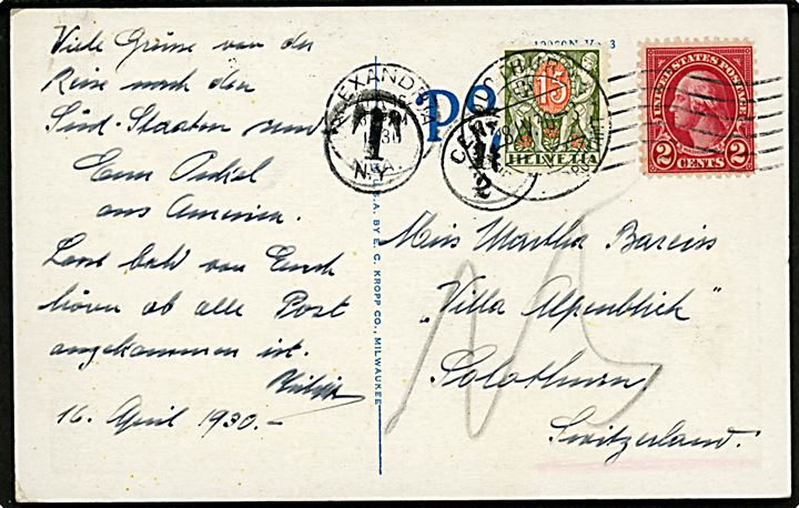 2 cents Washington på underfrankeret brevkort fra Alexandria d. 16.4.1930 til Solothurn, Schweiz. Udtakseret i porto med 15 c. Portomærke.