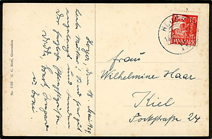 15 øre Karavel på brevkort (Landejendom i Højer) annulleret med vanskeligt brotype Vb stempel Højer B. d. 18.5.1929 til Kiel, Tyskland.