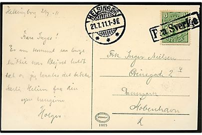 5 öre Gustaf på brevkort fra Helsingborg annulleret med dansk skibsstempel Fra Sverige og sidestemplet Helsingør d. 21.7.1911 til København, Danmark.