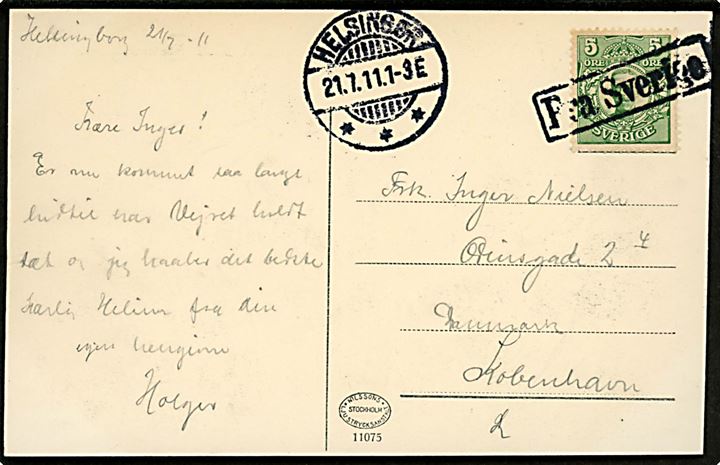 5 öre Gustaf på brevkort fra Helsingborg annulleret med dansk skibsstempel Fra Sverige og sidestemplet Helsingør d. 21.7.1911 til København, Danmark.
