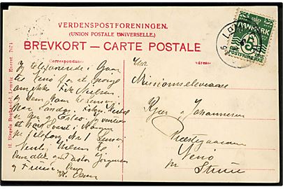 5 øre Bølgelinie på brevkort annulleret med lapidar stempel Lemvig JB.P. d. 6.7. ca. 1912 til præstegården på Venø pr. Struer. I 1911 var der 218 indbyggere på Venø i Limfjorden.