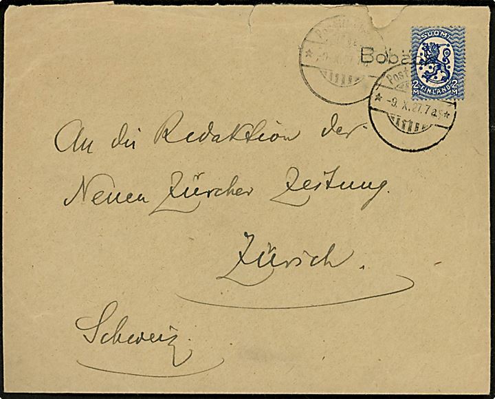 2 mk. Løve på brev annulleret med liniestempel Bobäck og sidestemplet med svagt bureaustempel Postilj. v. H-K-K- (=Helsingfors-Kyrkslätt-Karis) d. 9.10.1927 til Zürich, Schweiz.