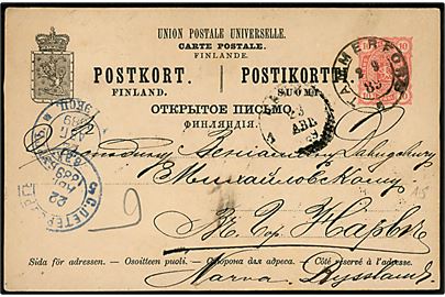 10 pen. helsagsbrevkort fra Tammerfors d. 2.9.1889 via St. Petersborg til Narva, Estland., Rusland.