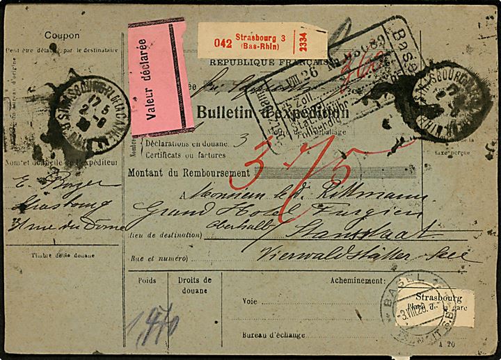 60 c. og 2 fr. (4), samt 15 c. Fiskalmærke på bagsiden af adressekort for værdipakke fra Strasbourg d. 2.8.1926 til Schweiz.