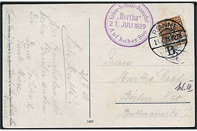 10 øre Bølgelinie på brevkort annulleret med brotype Vd Rønne B. 21.7.1929 og sidestemplet Salon-Schnell-Dampfer Hertha Aus hoher See til Berlin, Tyskland.