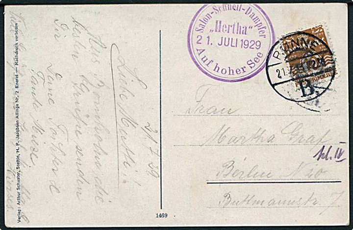 10 øre Bølgelinie på brevkort annulleret med brotype Vd Rønne B. 21.7.1929 og sidestemplet Salon-Schnell-Dampfer Hertha Aus hoher See til Berlin, Tyskland.