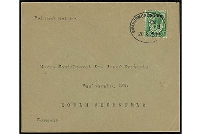 ½d Zuid-West Afrika provisorium single på tryksag annulleret med udslebet DSWA bureaustempel Swakopmund Post d. 20.4.1920 til Köln, Tyskland. 