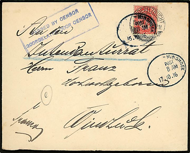 South Africa 1d George V på brev fra Lüderitzbucht d. x.10.1916 til Windhuk. Ank.stemplet med udslebet DSWA bureaustempel -WINDHOEK POST d. 16.10.1916 og 17.10.1916. Violet 2-sproget censurstempel Passed by Censor.