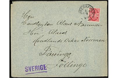 10 øre Våben på brev fra Kjøbenhavn V. d. 6.9.1899 til Föllinge, Sverige. På bagsiden trasit stemplet Östersund d. 8.9.1899.