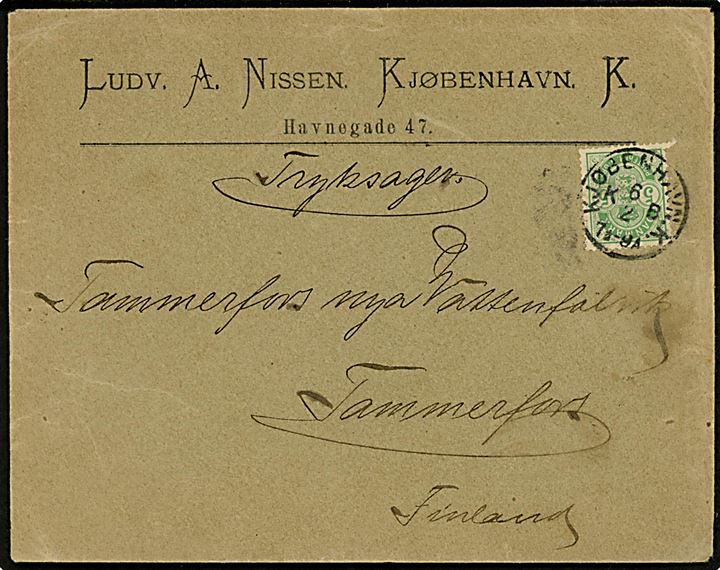 5 øre Våben single på tryksag fra Kjøbenhavn d. 6.2.1895 til Tammerfors, Finland.